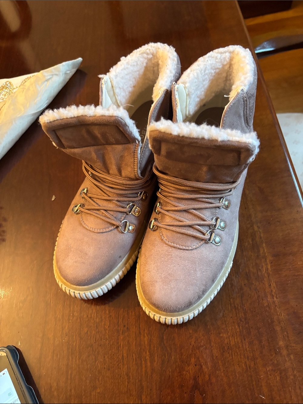 BAMBOO Tan Lace-Up Faux Fur Lined Boots
